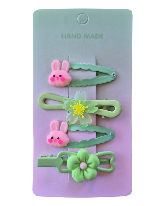 WhimsyWear Bunny & Blossom Hair Clip Set – 4-Piece Handmade Collection